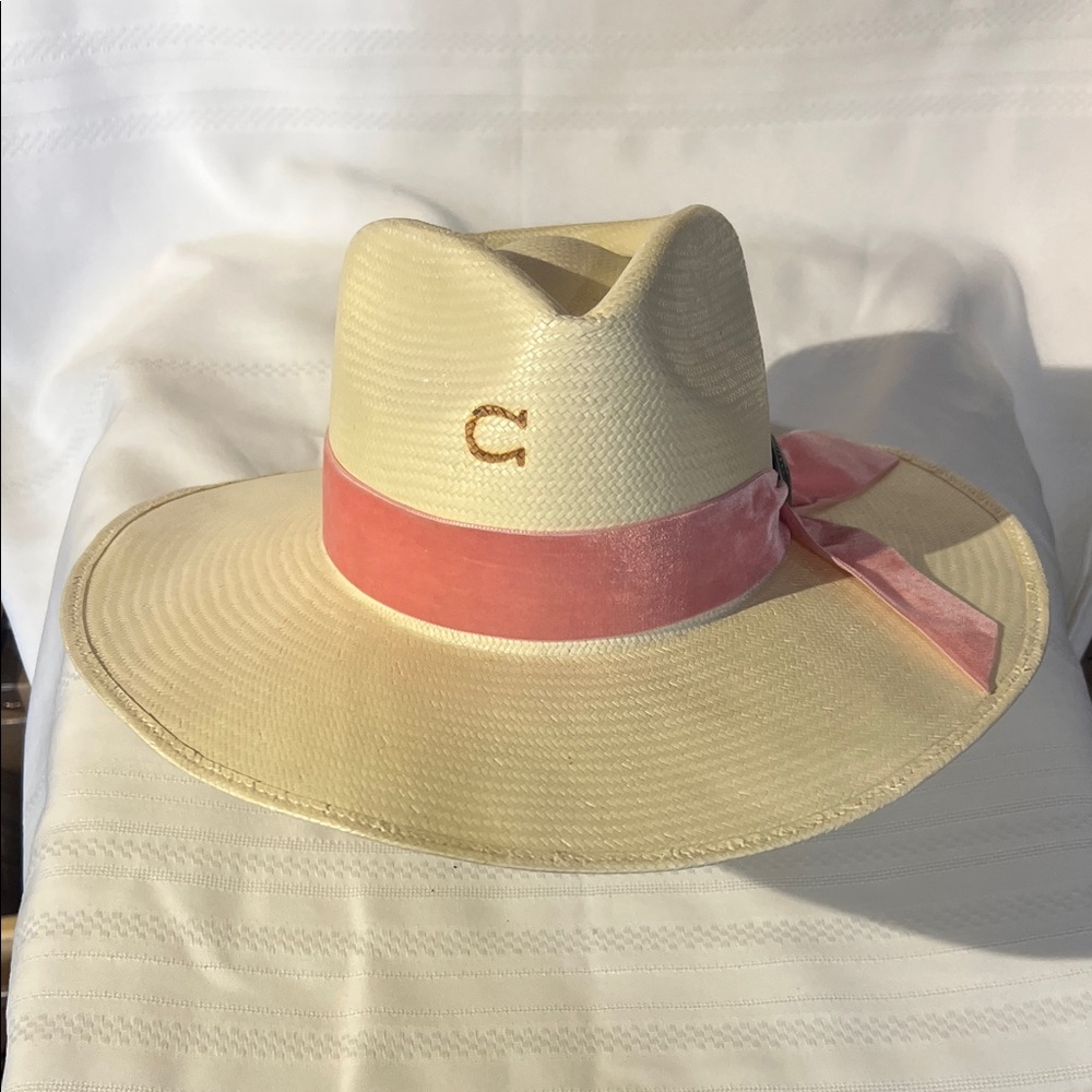 Charlie Horse Cream Hat with Pink Band Sz 7 1/4